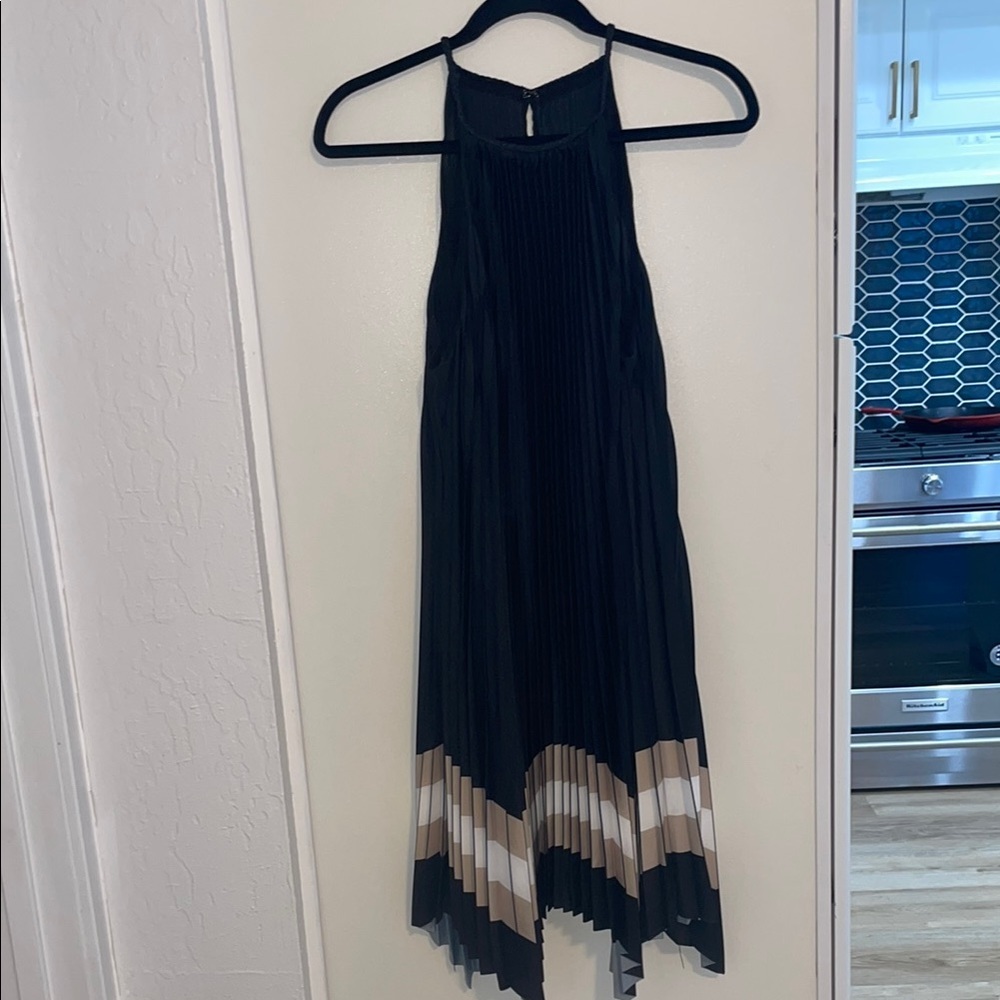 Ramy Brook Black Pleated Mini Dress with Neutral Chevron Hem